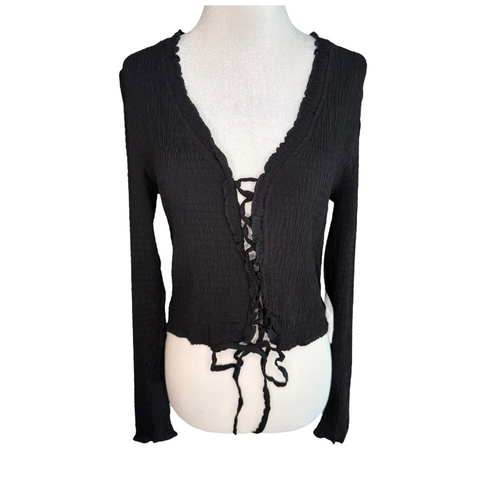 Topshop Womens Black Long Sleeve Ruffle Trim Lace-Up Front Smocked Blouse US 4